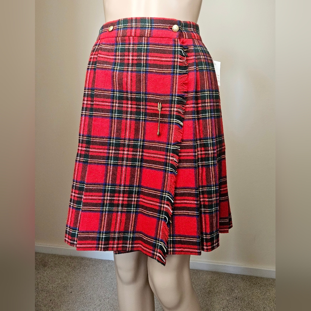 NWT Vintage COURTENAY Red Tartan Plaid Wool Wrap Fringe Skirt 8 S 4 6